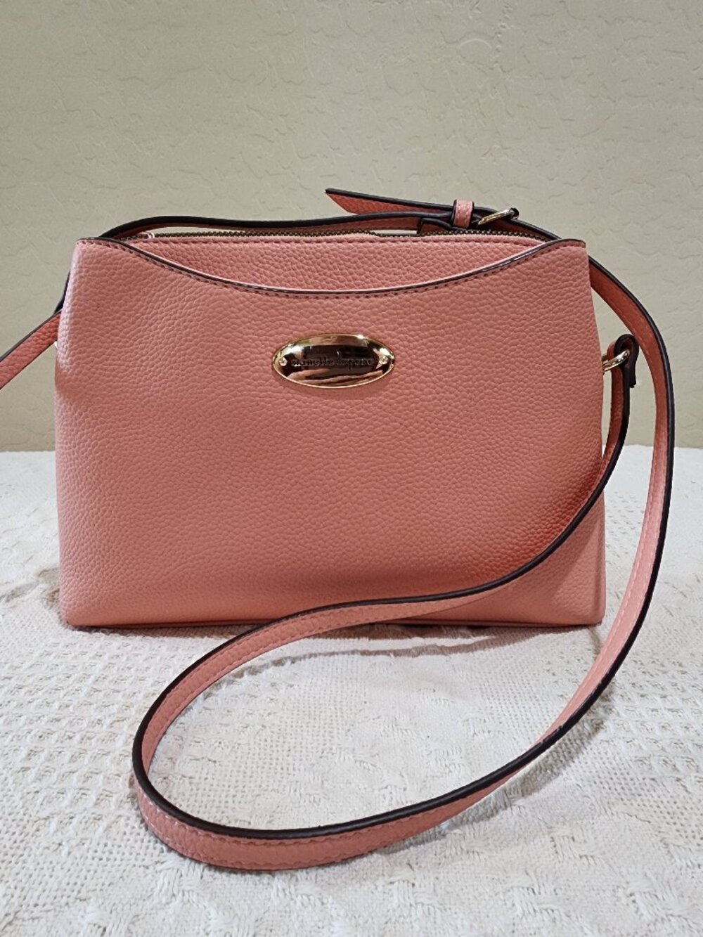 Nanette Lepore Peach Pink Three Pocket Dressy Gold Accent Crossbody Bag Purse